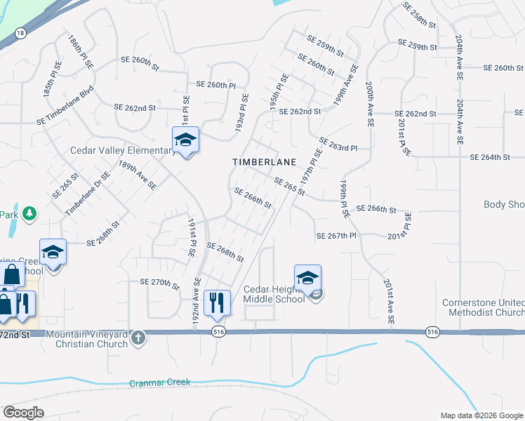 map of restaurants, bars, coffee shops, grocery stores, and more near 19456 Southeast 267th Street in Covington