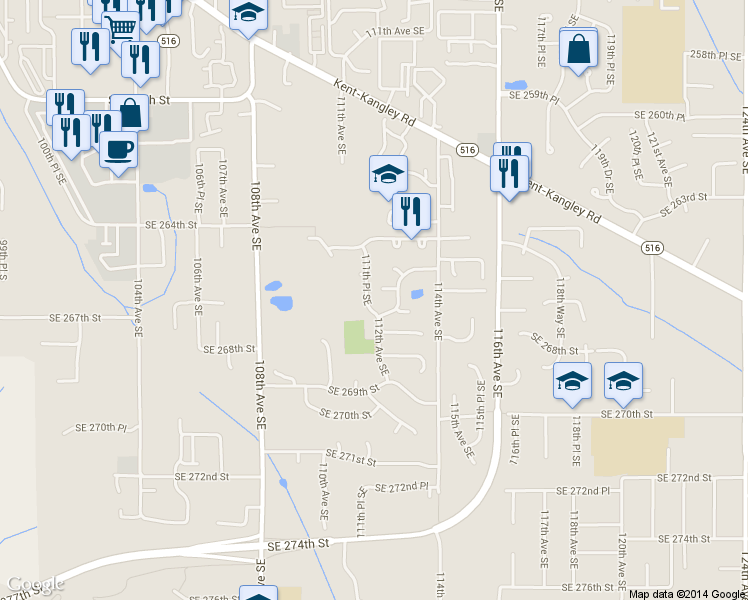 map of restaurants, bars, coffee shops, grocery stores, and more near 11208 Southeast 267th Place in Kent