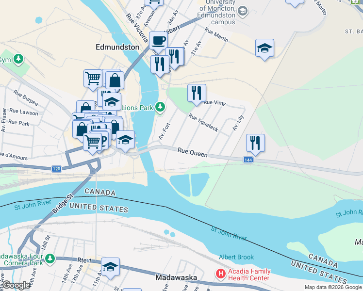 map of restaurants, bars, coffee shops, grocery stores, and more near 50 Rue Queen in Edmundston