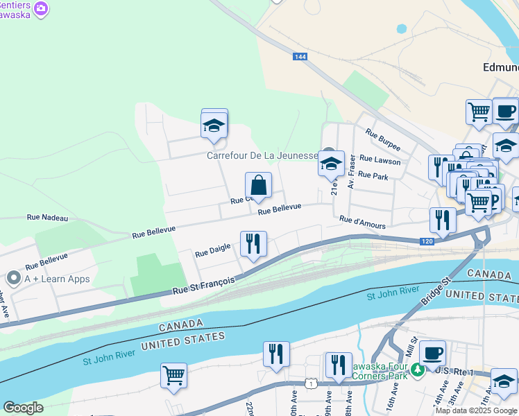 map of restaurants, bars, coffee shops, grocery stores, and more near 83 Rue Bellevue in Edmundston