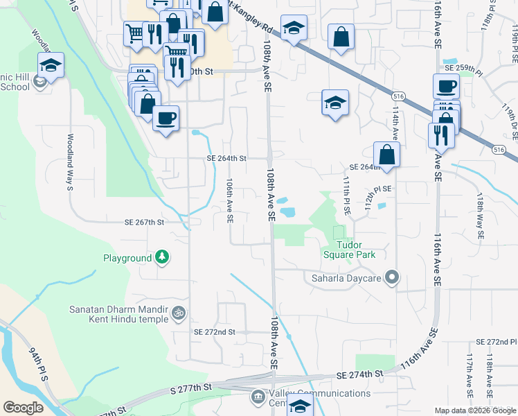 map of restaurants, bars, coffee shops, grocery stores, and more near 26605 108th Avenue Southeast in Kent