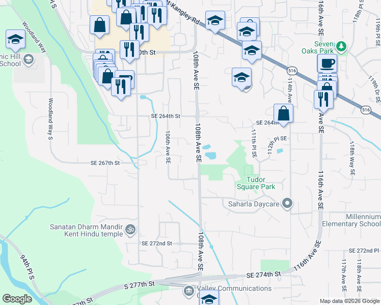 map of restaurants, bars, coffee shops, grocery stores, and more near 26735 108th Avenue Southeast in Kent