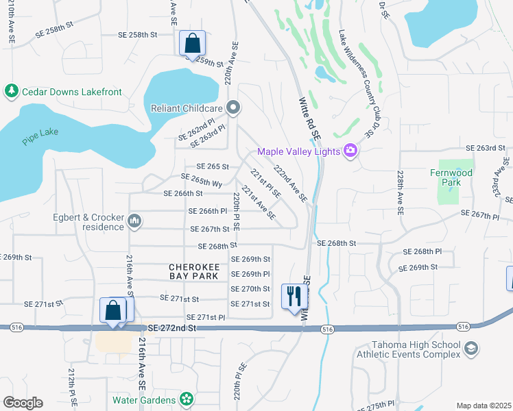 map of restaurants, bars, coffee shops, grocery stores, and more near 26549 221st Avenue Southeast in Maple Valley