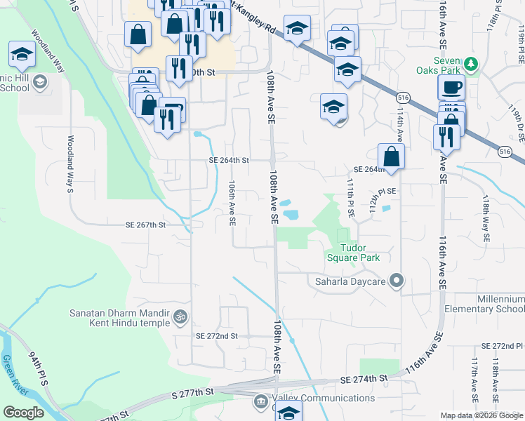 map of restaurants, bars, coffee shops, grocery stores, and more near 26735 108th Avenue Southeast in Kent