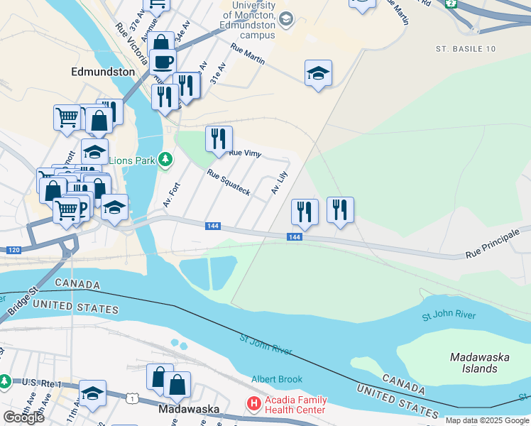 map of restaurants, bars, coffee shops, grocery stores, and more near 75 Rue Squateck in Edmundston