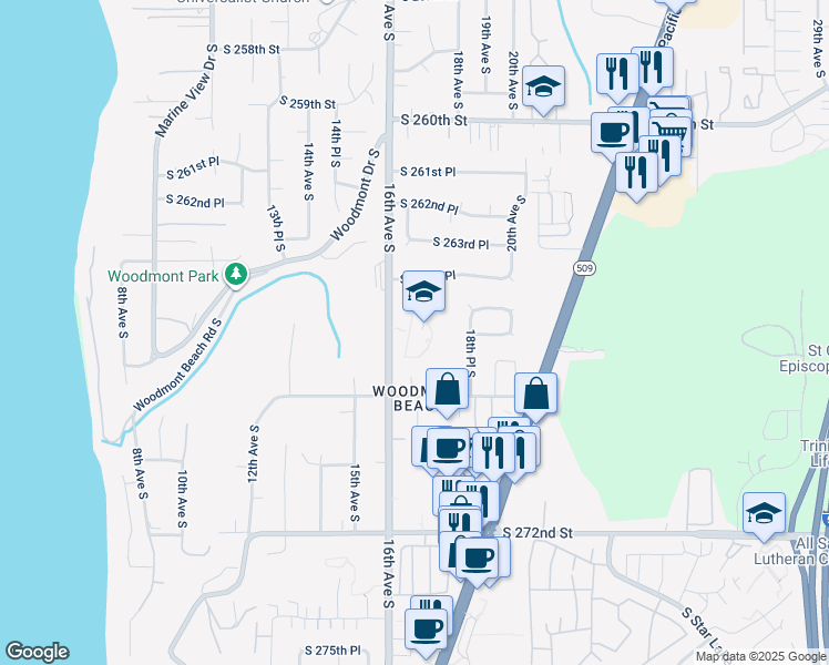 map of restaurants, bars, coffee shops, grocery stores, and more near 26454 16th Avenue South in Des Moines