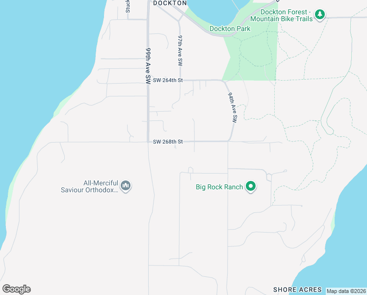 map of restaurants, bars, coffee shops, grocery stores, and more near 9622 Southwest 270th Street in Vashon