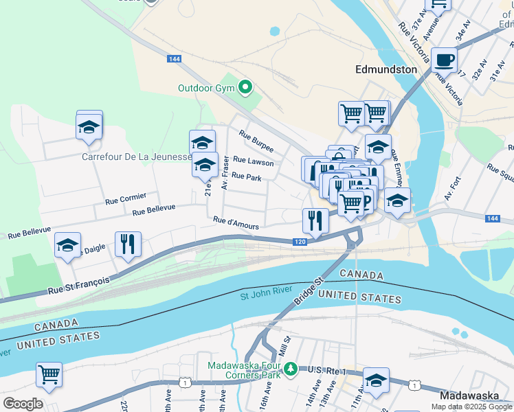 map of restaurants, bars, coffee shops, grocery stores, and more near 9 Rue Sormany in Edmundston