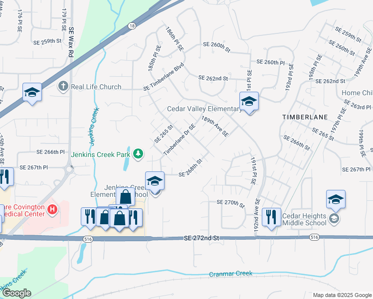 map of restaurants, bars, coffee shops, grocery stores, and more near 18706 Southeast 268th Street in Covington