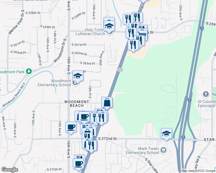 map of restaurants, bars, coffee shops, grocery stores, and more near 26705 Pacific Highway South in Seattle