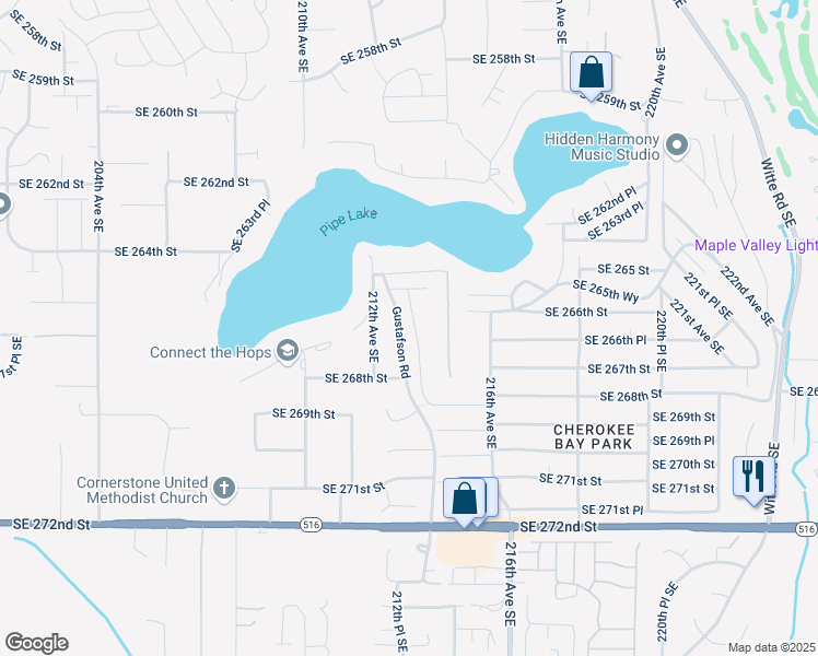 map of restaurants, bars, coffee shops, grocery stores, and more near 26503 214th Avenue Southeast in Maple Valley