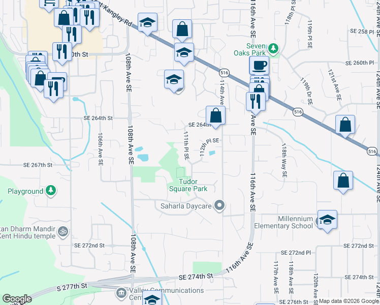 map of restaurants, bars, coffee shops, grocery stores, and more near 11208 Southeast 265th Place in Kent