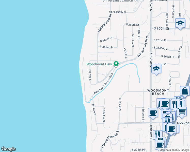map of restaurants, bars, coffee shops, grocery stores, and more near 26440 Marine View Drive South in Des Moines