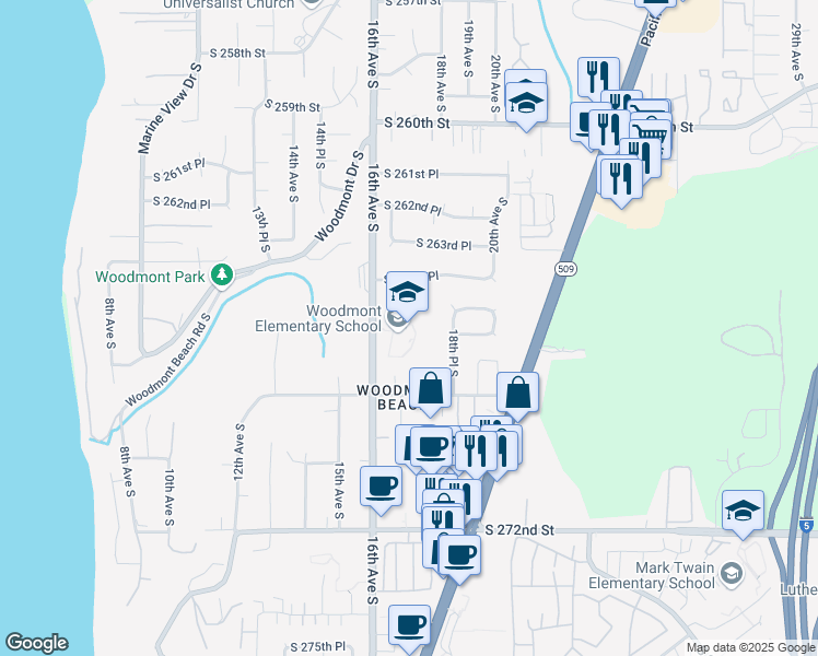 map of restaurants, bars, coffee shops, grocery stores, and more near 26454 16th Avenue South in Des Moines