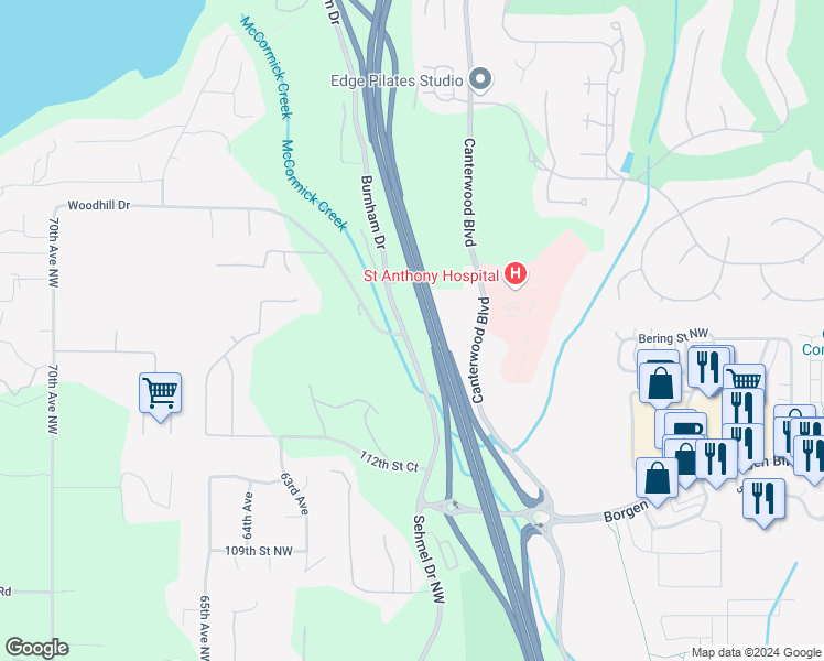 map of restaurants, bars, coffee shops, grocery stores, and more near 11515 Burnham Drive in Gig Harbor