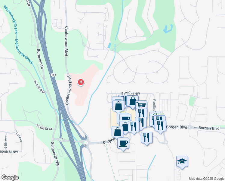 map of restaurants, bars, coffee shops, grocery stores, and more near 5225 Bering Street Northwest in Gig Harbor