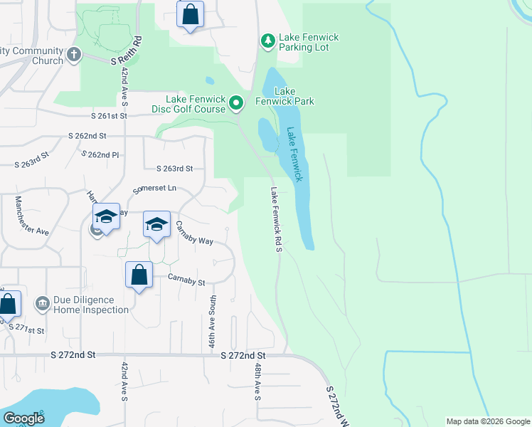 map of restaurants, bars, coffee shops, grocery stores, and more near 26505 Lake Fenwick Road South in Kent
