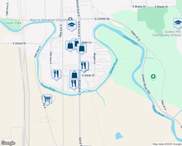 map of restaurants, bars, coffee shops, grocery stores, and more near 8430 South 266th Street in Kent