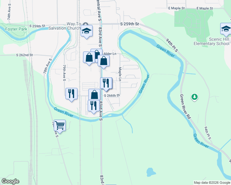 map of restaurants, bars, coffee shops, grocery stores, and more near 8430 South 266th Street in Kent