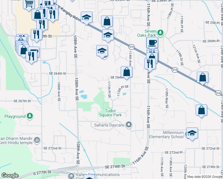 map of restaurants, bars, coffee shops, grocery stores, and more near 11208 Southeast 265th Place in Kent
