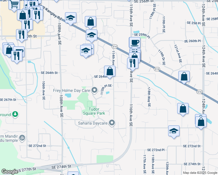 map of restaurants, bars, coffee shops, grocery stores, and more near 11315 Southeast 265th Place in Kent