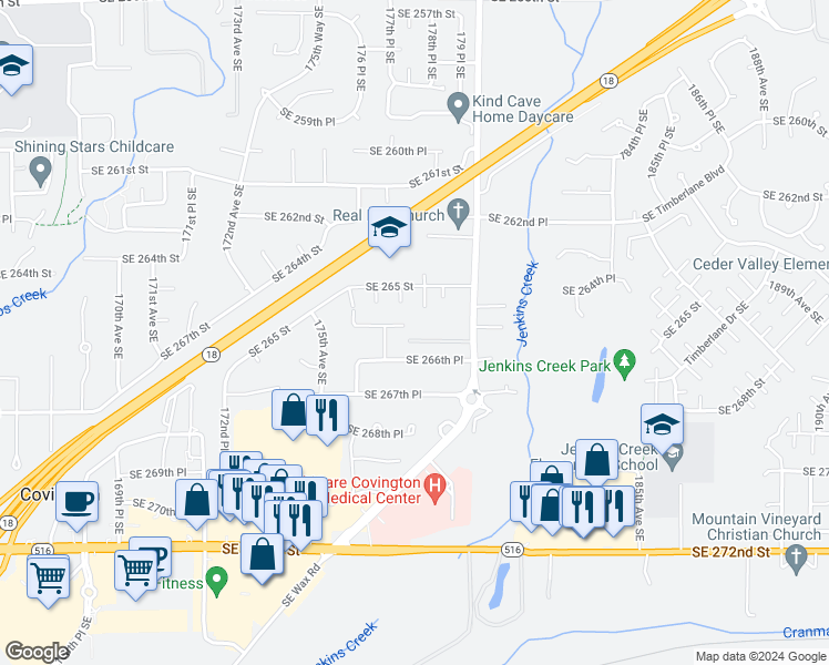 map of restaurants, bars, coffee shops, grocery stores, and more near 17808 Southeast 266th Street in Covington