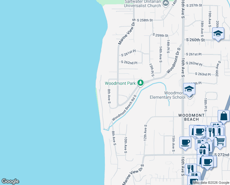 map of restaurants, bars, coffee shops, grocery stores, and more near 26445 Marine View Drive South in Des Moines
