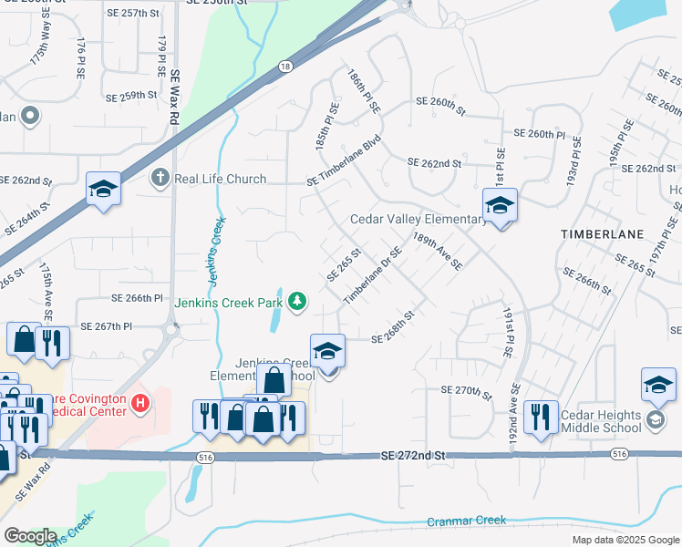 map of restaurants, bars, coffee shops, grocery stores, and more near 18615 Southeast 265th Street in Covington