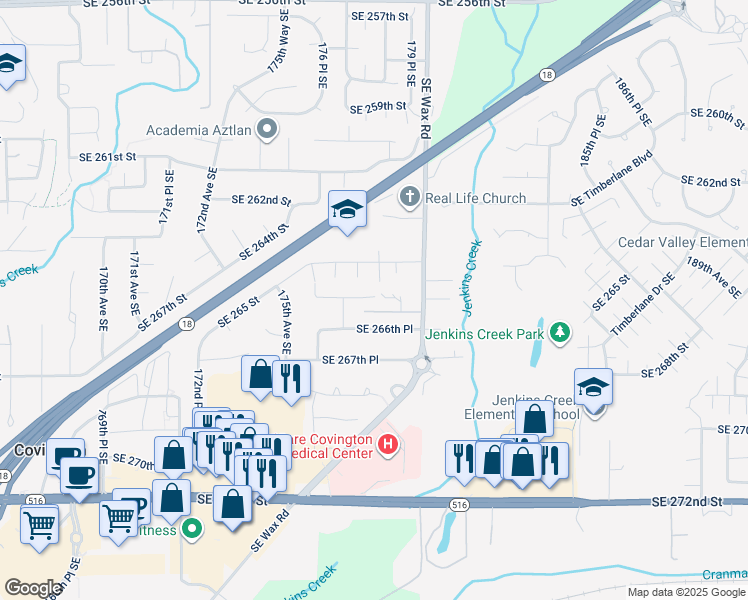 map of restaurants, bars, coffee shops, grocery stores, and more near 17808 Southeast 266th Street in Covington