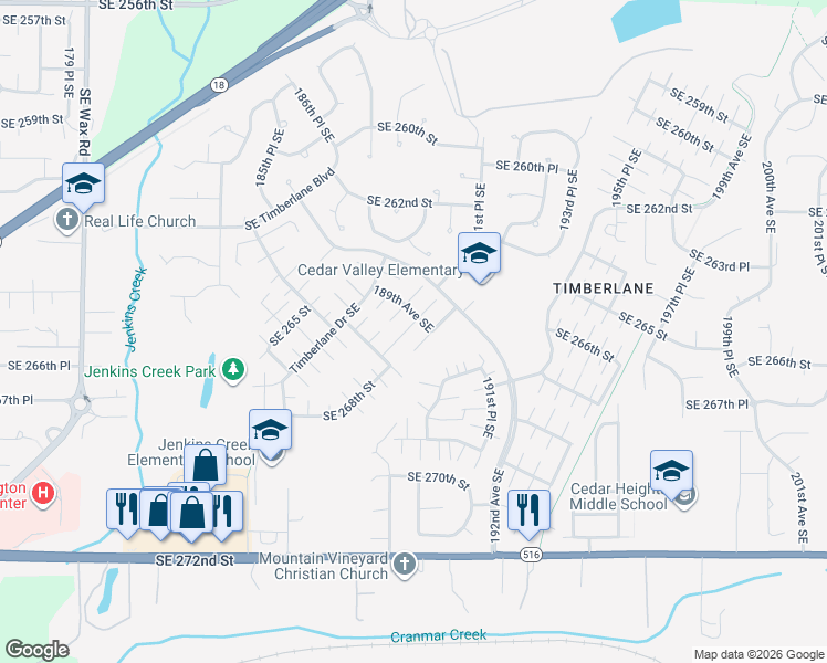 map of restaurants, bars, coffee shops, grocery stores, and more near 26443 189th Avenue Southeast in Covington