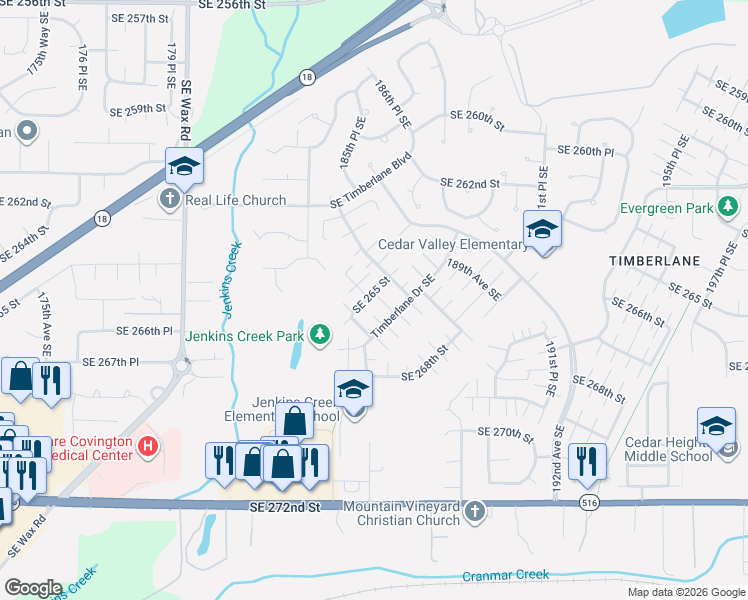 map of restaurants, bars, coffee shops, grocery stores, and more near 18621 Southeast 265th Street in Covington