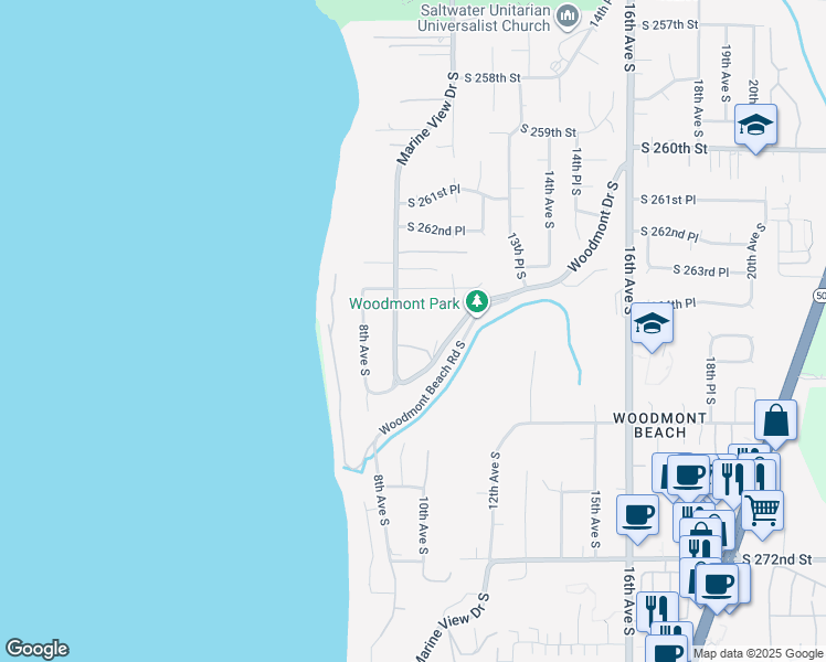 map of restaurants, bars, coffee shops, grocery stores, and more near 26440 Marine View Drive South in Des Moines