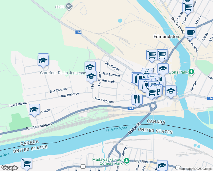 map of restaurants, bars, coffee shops, grocery stores, and more near 31 Rue Bernier in Edmundston