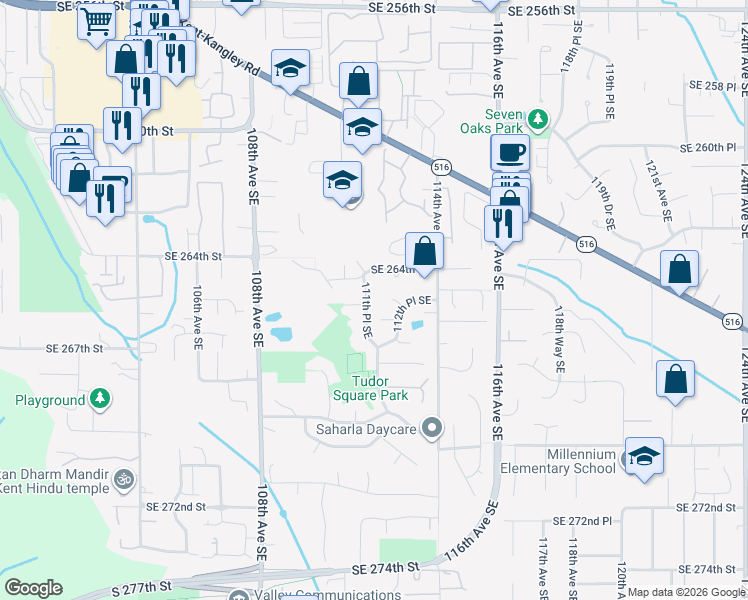 map of restaurants, bars, coffee shops, grocery stores, and more near 11208 Southeast 265th Place in Kent