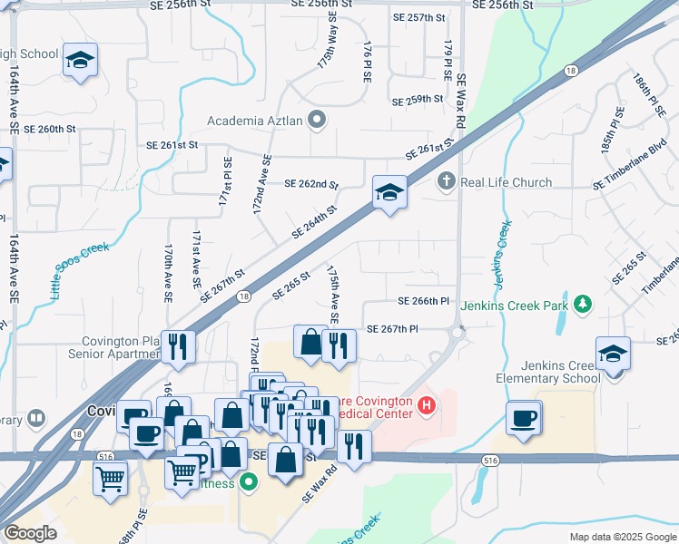 map of restaurants, bars, coffee shops, grocery stores, and more near 26514 175th Avenue Southeast in Covington