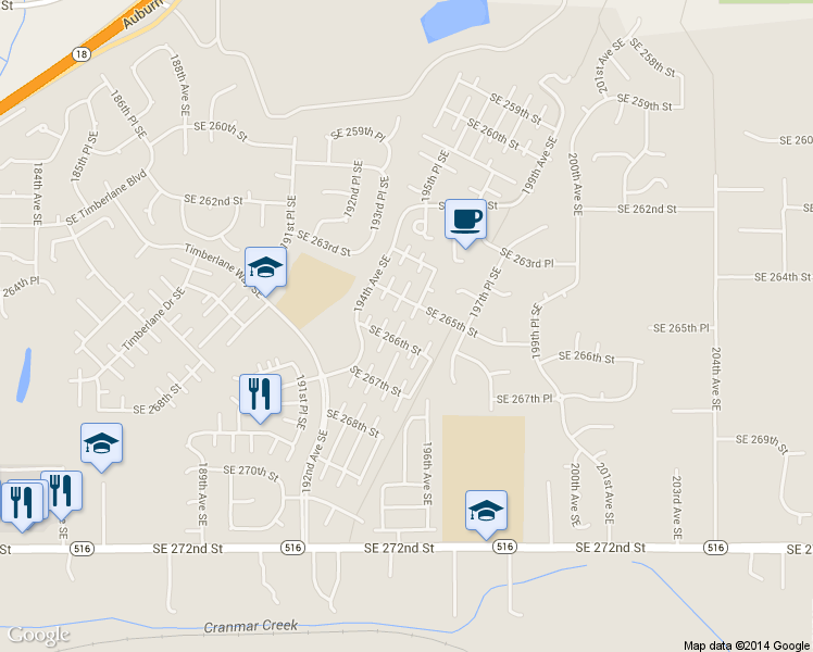 map of restaurants, bars, coffee shops, grocery stores, and more near 19442 Southeast 266th Street in Covington