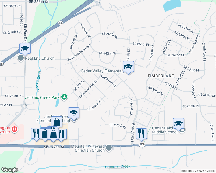 map of restaurants, bars, coffee shops, grocery stores, and more near 26443 189th Avenue Southeast in Covington