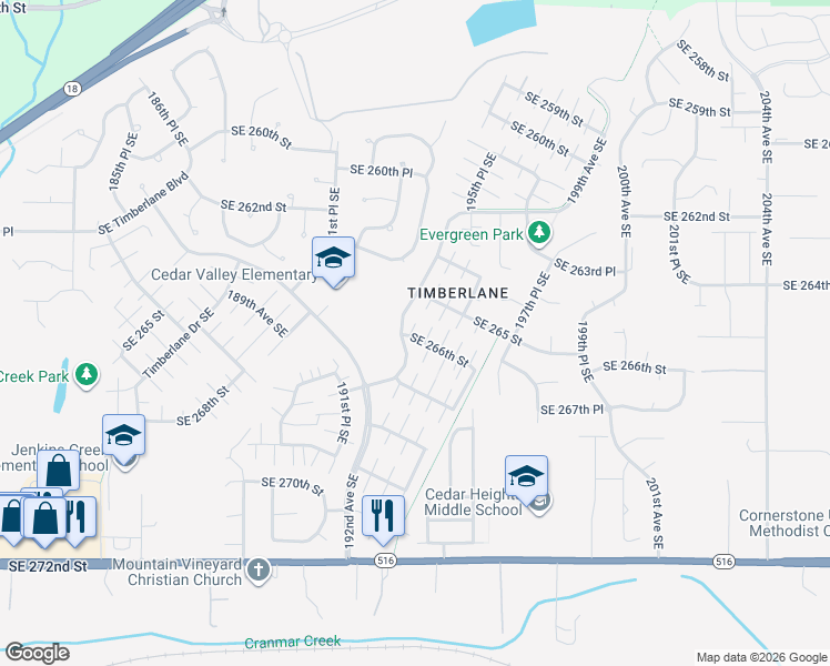 map of restaurants, bars, coffee shops, grocery stores, and more near 19416 Southeast 266th Street in Covington