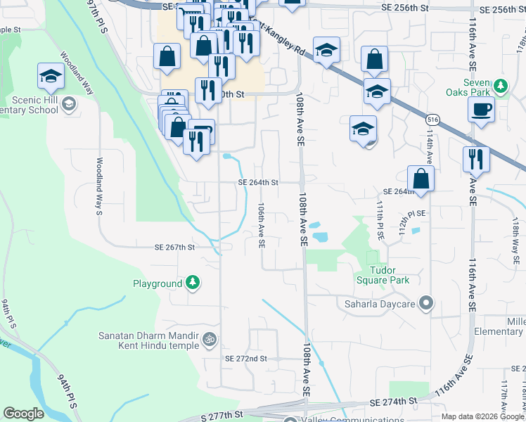 map of restaurants, bars, coffee shops, grocery stores, and more near 26418 106th Avenue Southeast in Kent