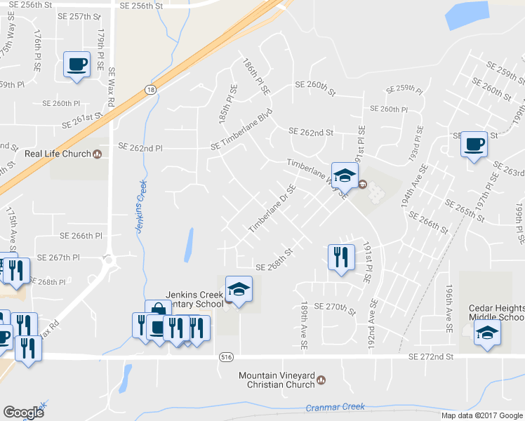 map of restaurants, bars, coffee shops, grocery stores, and more near 26511 187th Avenue Southeast in Covington