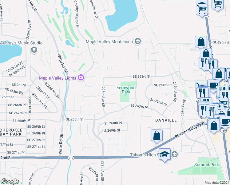 map of restaurants, bars, coffee shops, grocery stores, and more near 22842 Southeast 265th Place in Maple Valley