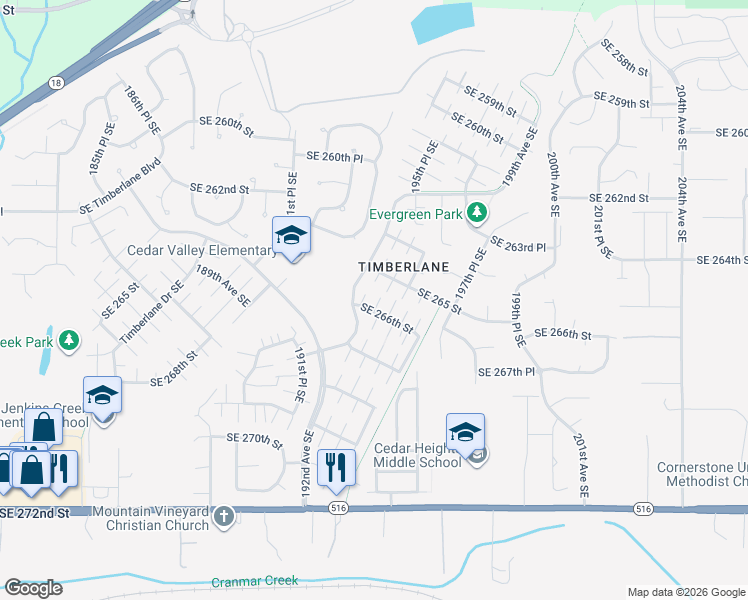map of restaurants, bars, coffee shops, grocery stores, and more near 19416 Southeast 266th Street in Covington