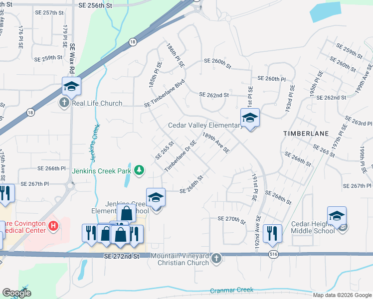 map of restaurants, bars, coffee shops, grocery stores, and more near 26511 187th Avenue Southeast in Covington