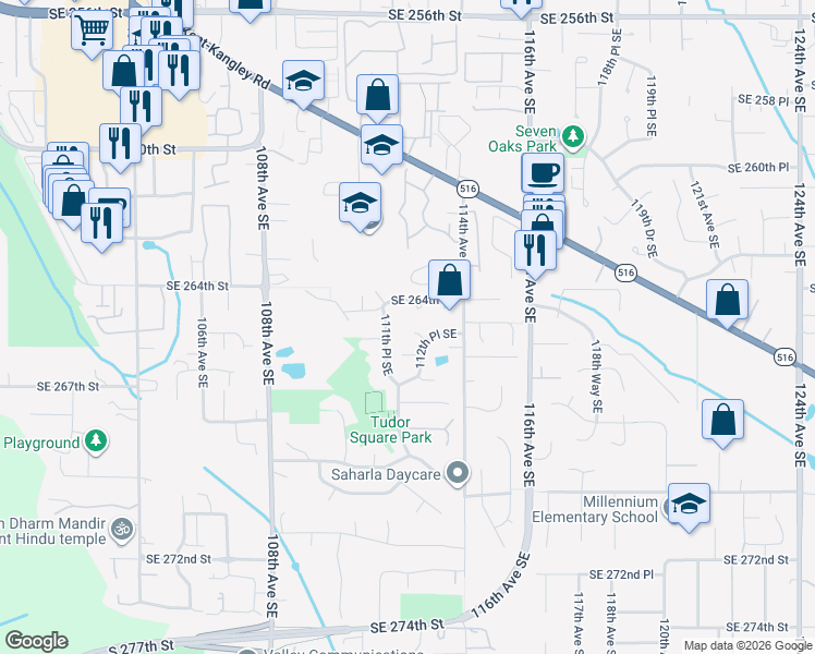 map of restaurants, bars, coffee shops, grocery stores, and more near 11208 Southeast 265th Place in Kent