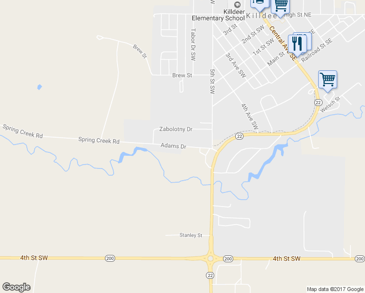 map of restaurants, bars, coffee shops, grocery stores, and more near 669 Adams Drive in Killdeer