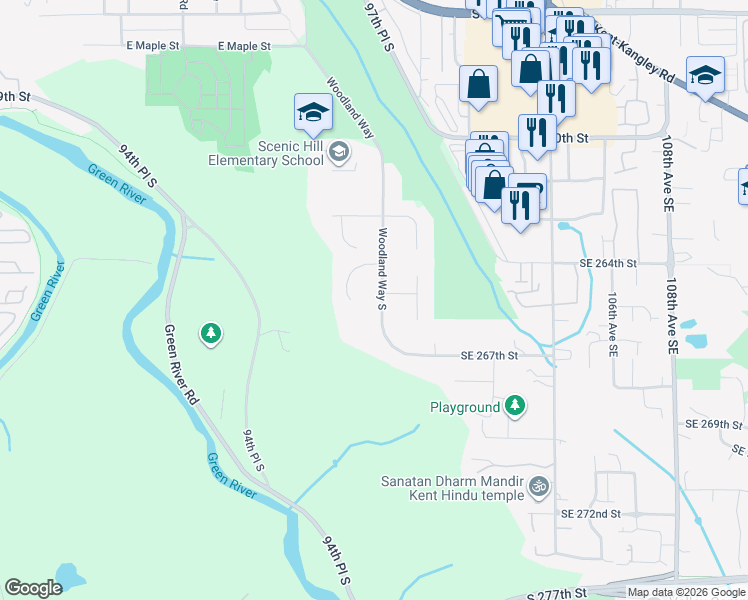 map of restaurants, bars, coffee shops, grocery stores, and more near 26505 Woodland Way in Kent