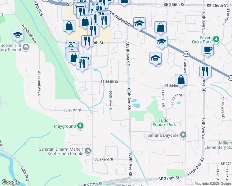 map of restaurants, bars, coffee shops, grocery stores, and more near 26418 106th Avenue Southeast in Kent