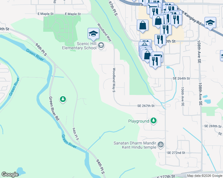 map of restaurants, bars, coffee shops, grocery stores, and more near 26505 Woodland Way in Kent