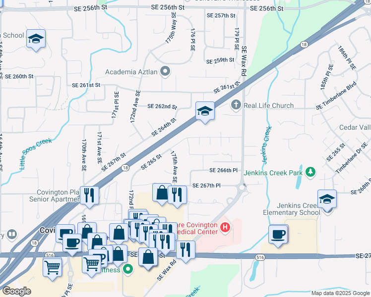 map of restaurants, bars, coffee shops, grocery stores, and more near 26514 175th Avenue Southeast in Covington
