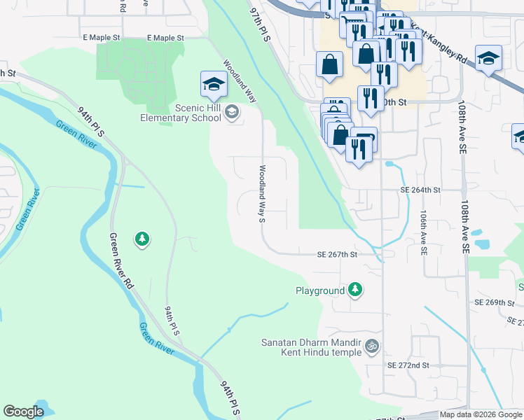 map of restaurants, bars, coffee shops, grocery stores, and more near 26505 Woodland Way South in Kent